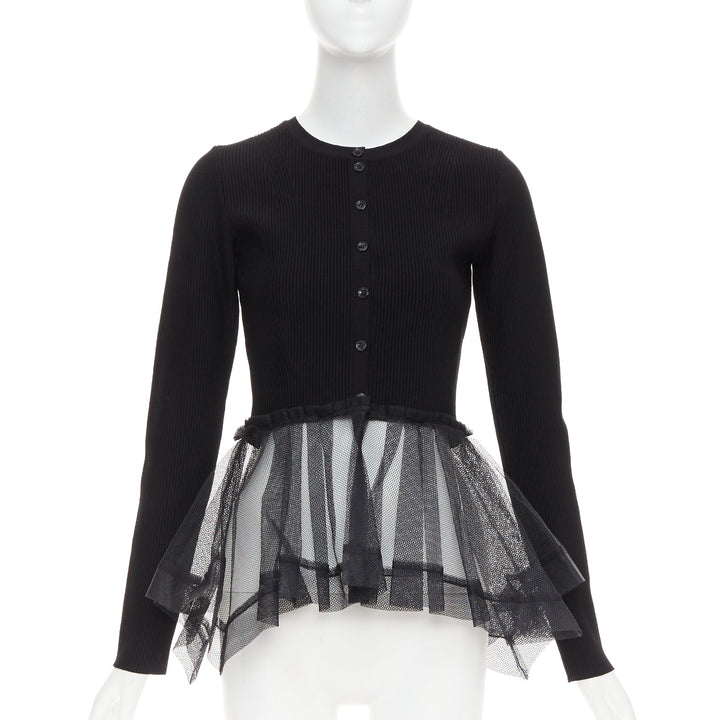 ALEXANDER MCQUEEN 2023 black ribbed stiff sheer tulle peplum cardigan sweater S