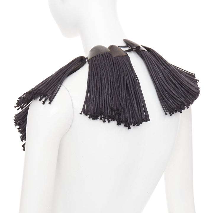 MONIES hand carved ebony wood panel fabric fringe radial statement bib necklace