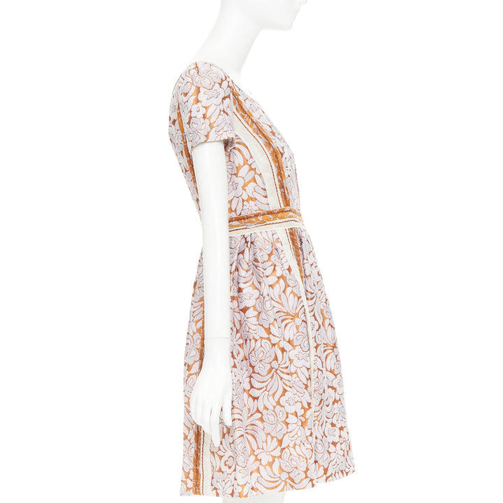 PRADA 2015 Runway purple brown floral jacquard overlocked stitch dress IT38 XS