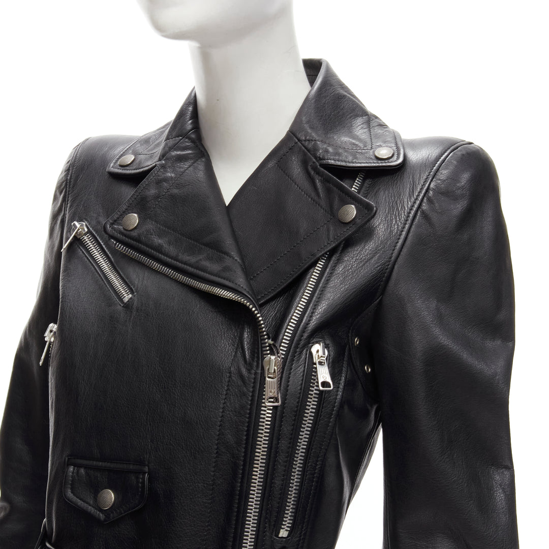 ALEXANDER MCQUEEN 2010 black leather belted peplum biker jacket IT38 XS