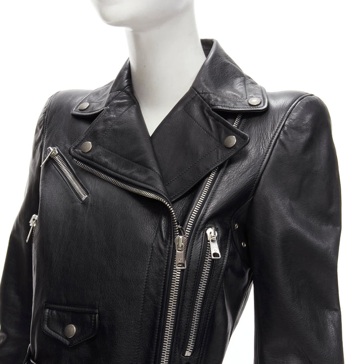 ALEXANDER MCQUEEN 2010 black leather belted peplum biker jacket IT38 XS