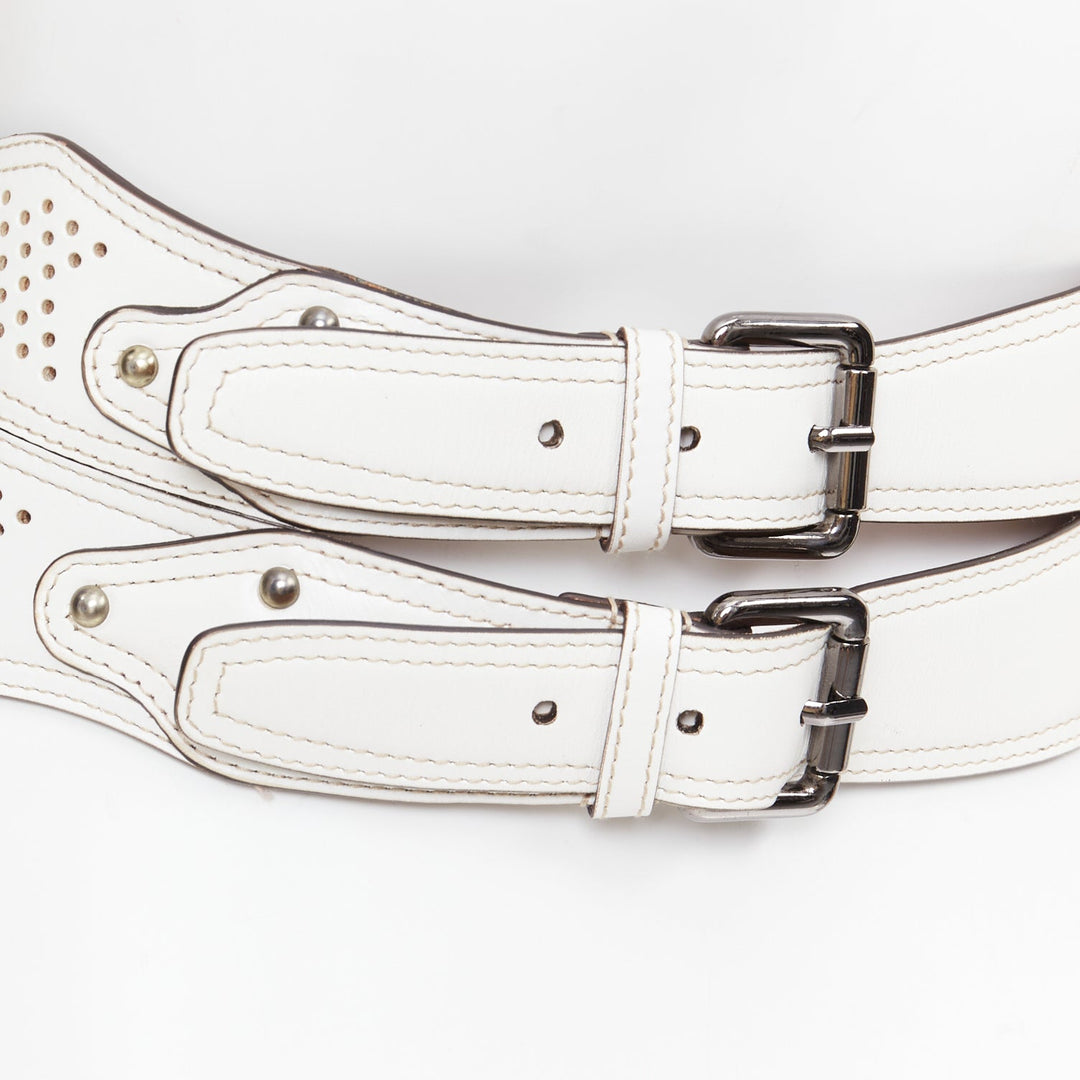 ALAIA white leather punctured perforated cinched waist wide belt 65cm