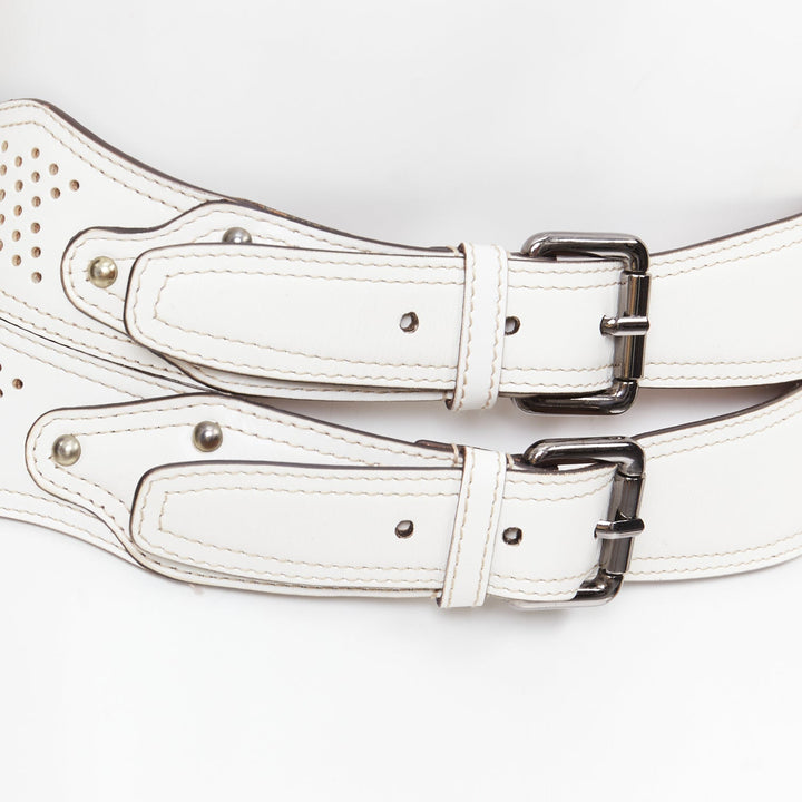 ALAIA white leather punctured perforated cinched waist wide belt 65cm