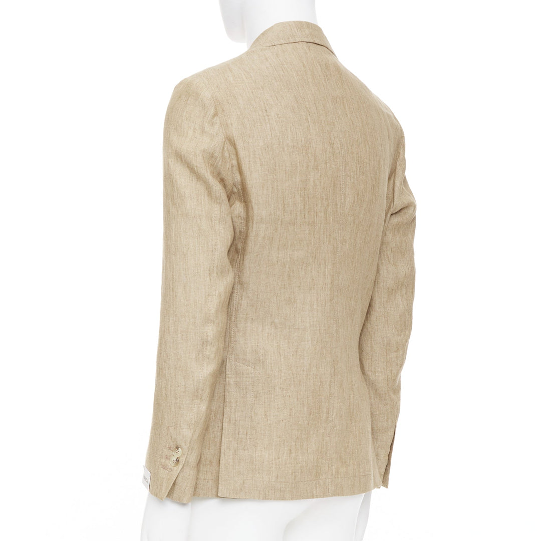 PAOLONI brown textured slub linen notch lapel three button patch jacket EU46 S