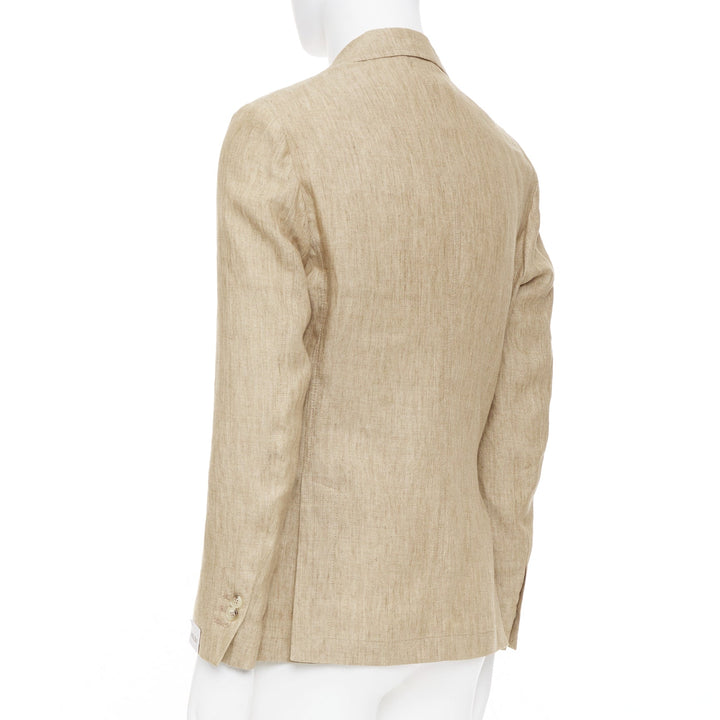 PAOLONI brown textured slub linen notch lapel three button patch jacket EU46 S