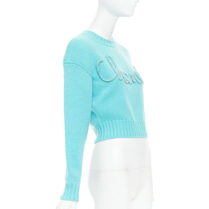 CHANEL 2020 100% cashmere cyan blue CC cursive logo cropped sweater¬† FR36 S