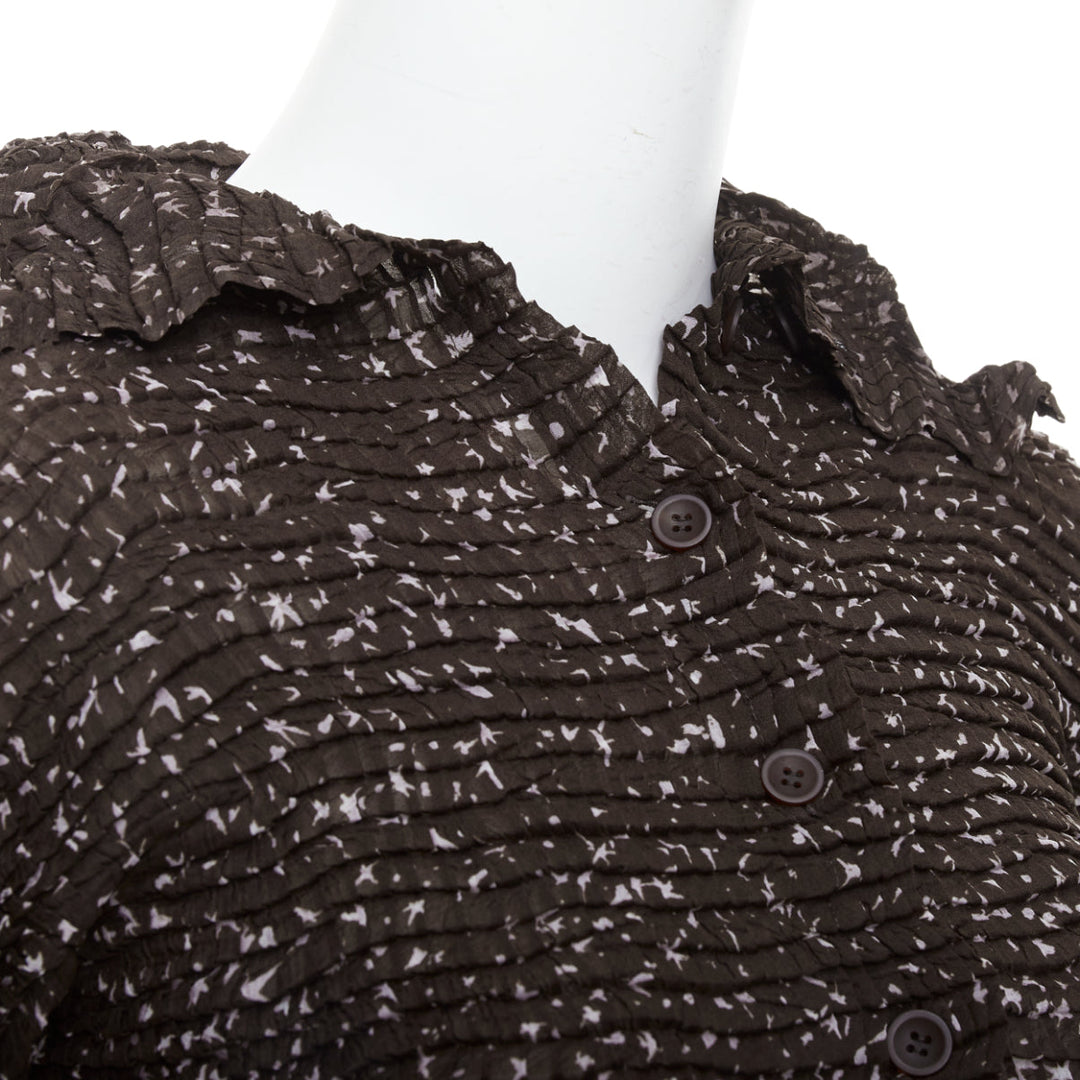 ISSEY MIYAKE brown speckle crinkled collared cropped shirt top M