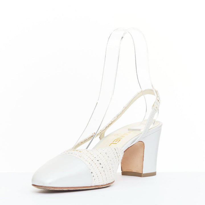 CHANEL white silver gold metallic tweed CC logo block slingback pumps EU39