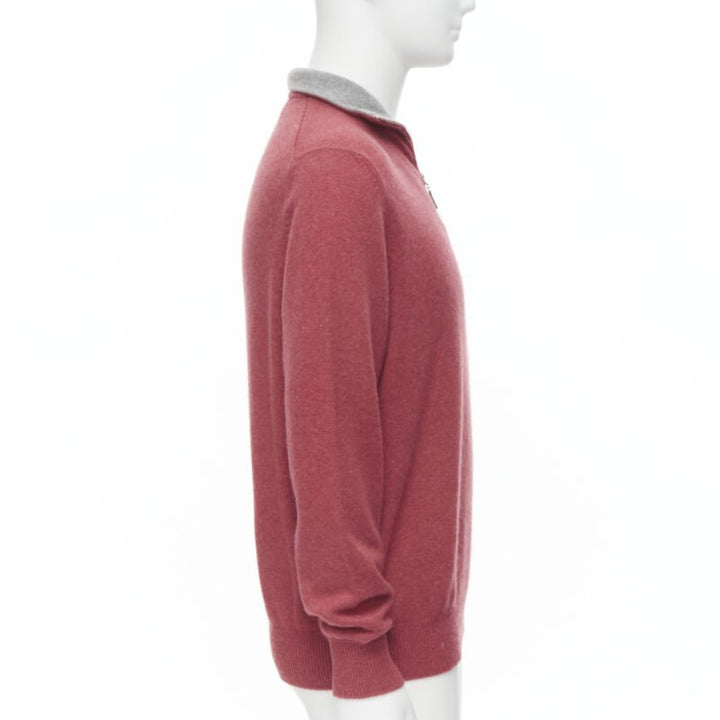 BRUNELLO CUCINELLI 100% cashmere grey collar half zip pullover sweater EU52 XL