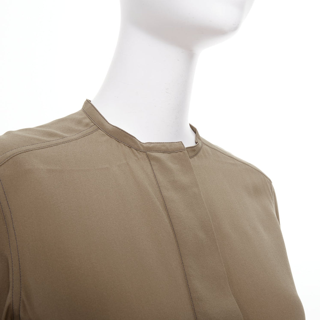 HERMES khaki tan covered button silk band collar long sleeve shift dress FR34