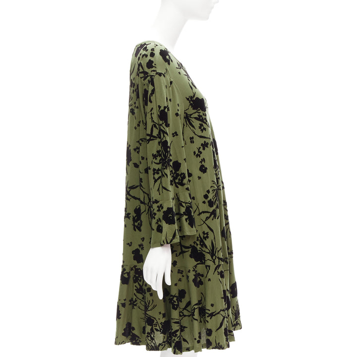 DRIES VAN NOTEN green cotton floral devore bell sleeve flutter dress XS