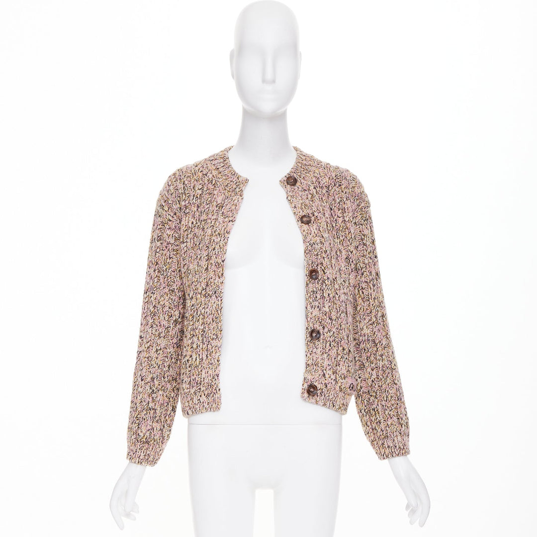 GUCCI 2023 pink beige melange cable wool knit logo patch cardigan sweater XS