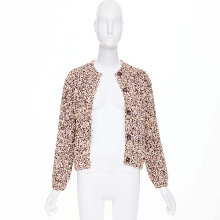 GUCCI 2023 pink beige melange cable wool knit logo patch cardigan sweater XS