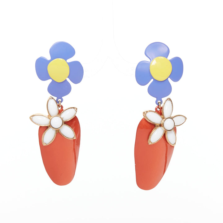 SAINT LAURENT 2021 Runway blue orange daisy white stone plate clip earring Pair