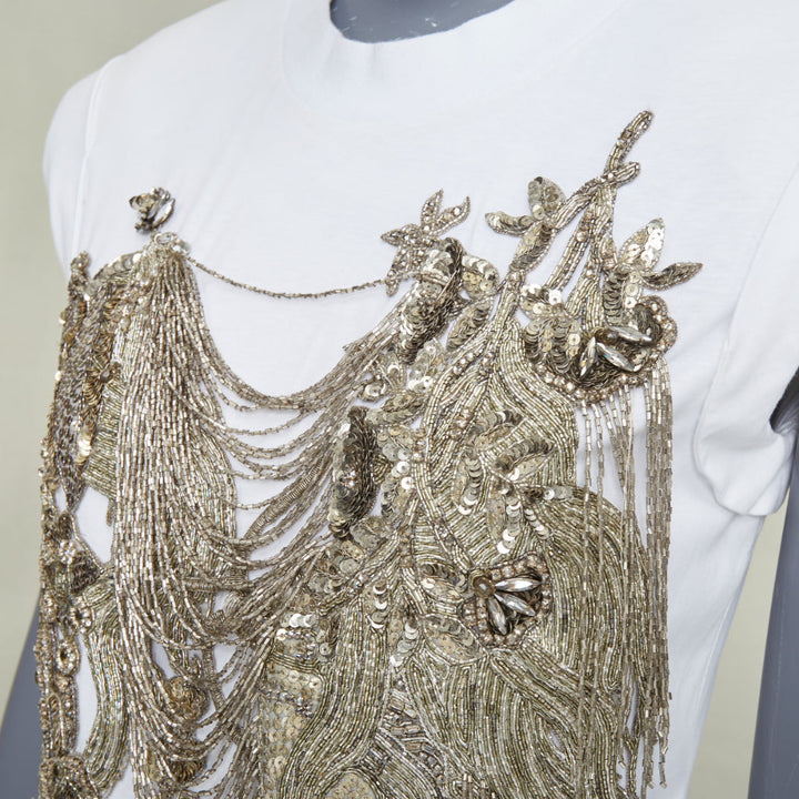 ALEXANDER MCQUEEN 2021 white gold sequin layered chain embroidered top IT38 XS