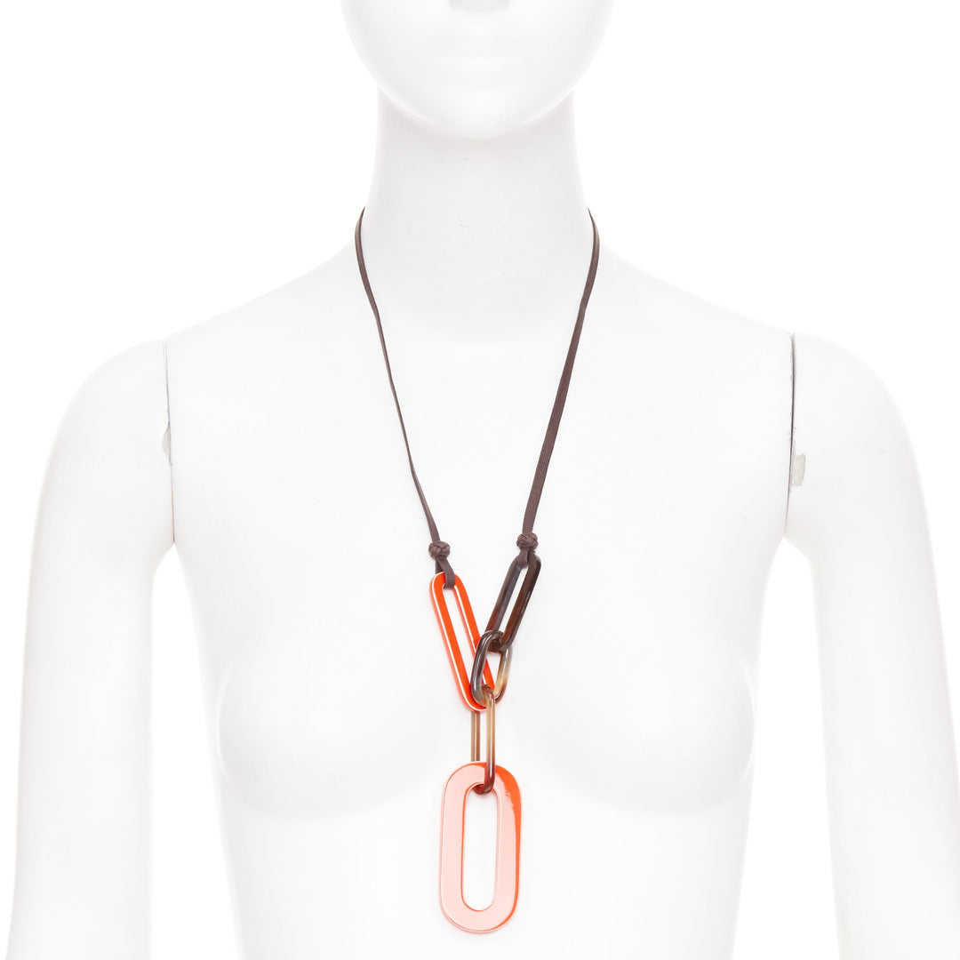 HERMES Mayance orange lacquered buffalo horn oval link pendant necklace