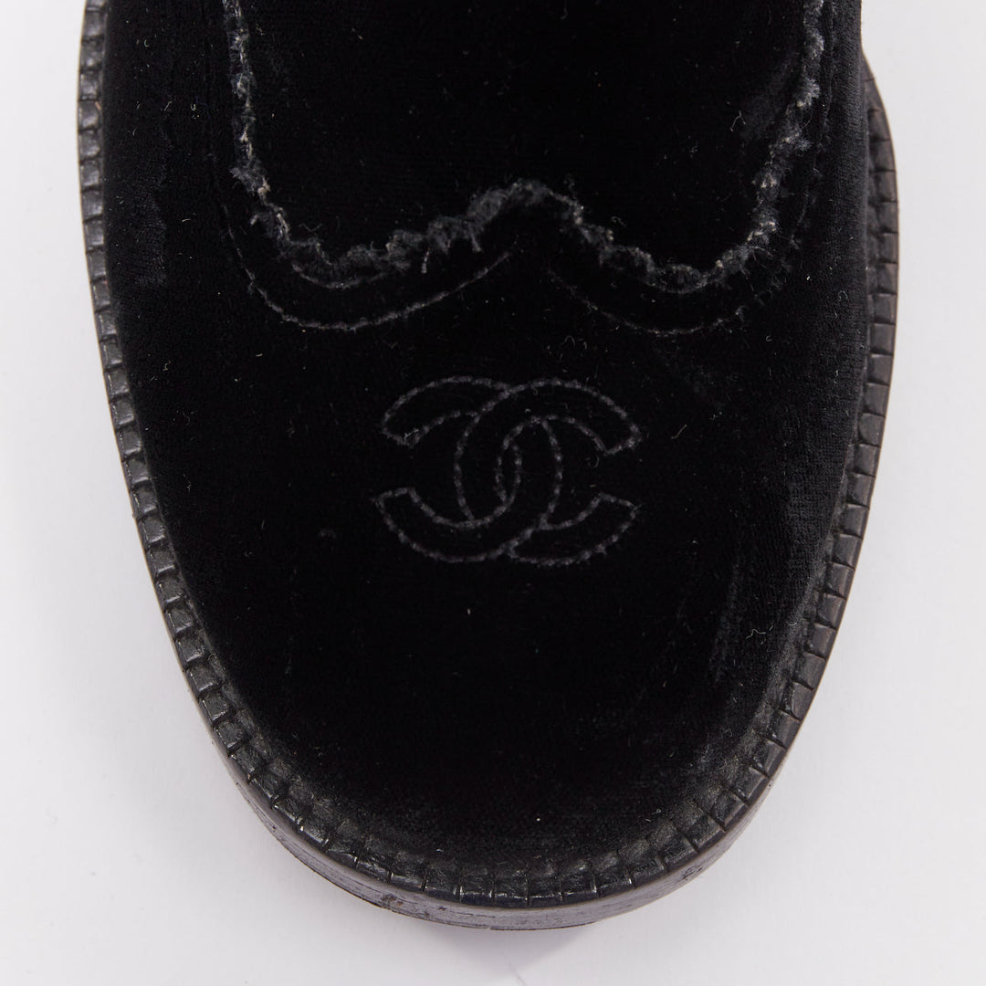 CHANEL 2016 Runway black velvet CC cap toe First Corset laced riding boots EU37