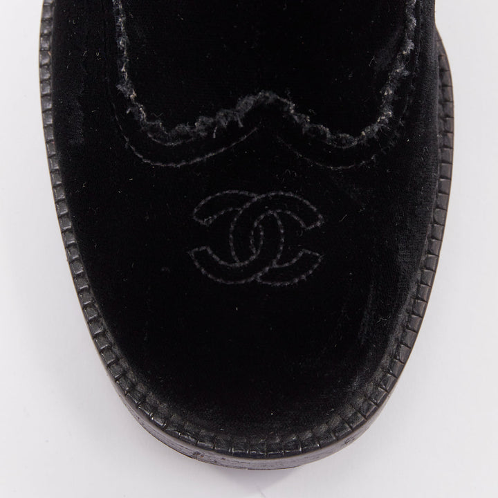 CHANEL 2016 Runway black velvet CC cap toe First Corset laced riding boots EU37