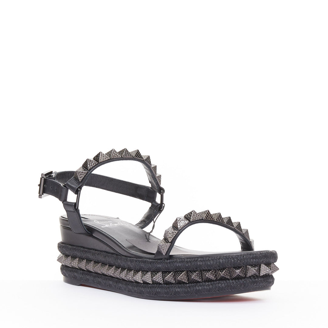 CHRISTIAN LOUBOUTIN Pyraclou 60 black leather spikes platform wedges EU37