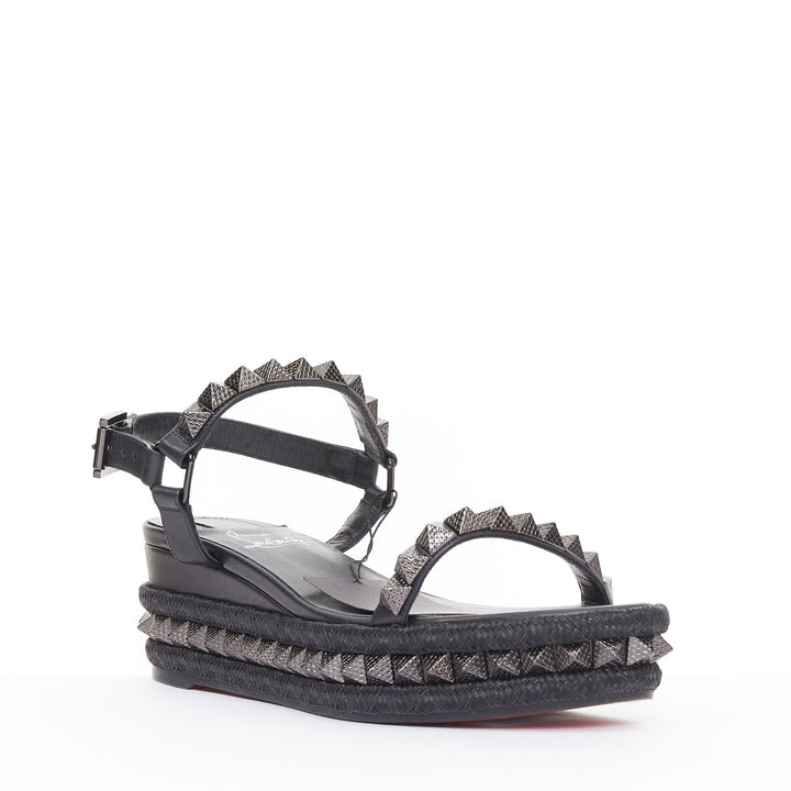 CHRISTIAN LOUBOUTIN Pyraclou 60 black leather spikes platform wedges EU37