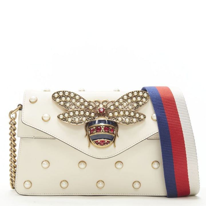 GUCCI Queen Margaret Embellished Bee pearl stud white flap crossbody bag