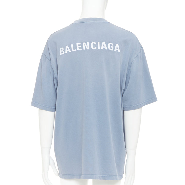 BALENCIAGA 2020 100% wool washed blue logo print crew neck oversized tshirt M