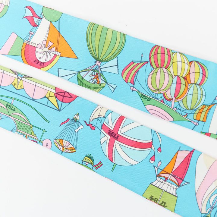HERMES 2022 Les Folies du Ciel silk twill hot air balloon twilly scarf blue
