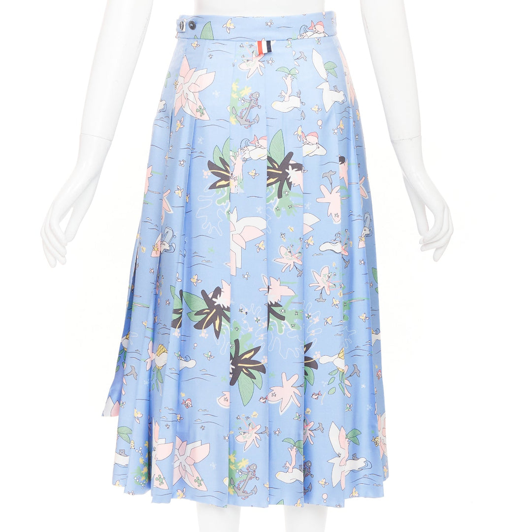 THOM BROWNE blue cartoon beach island pleated side slit raw silk skirt IT38 XS