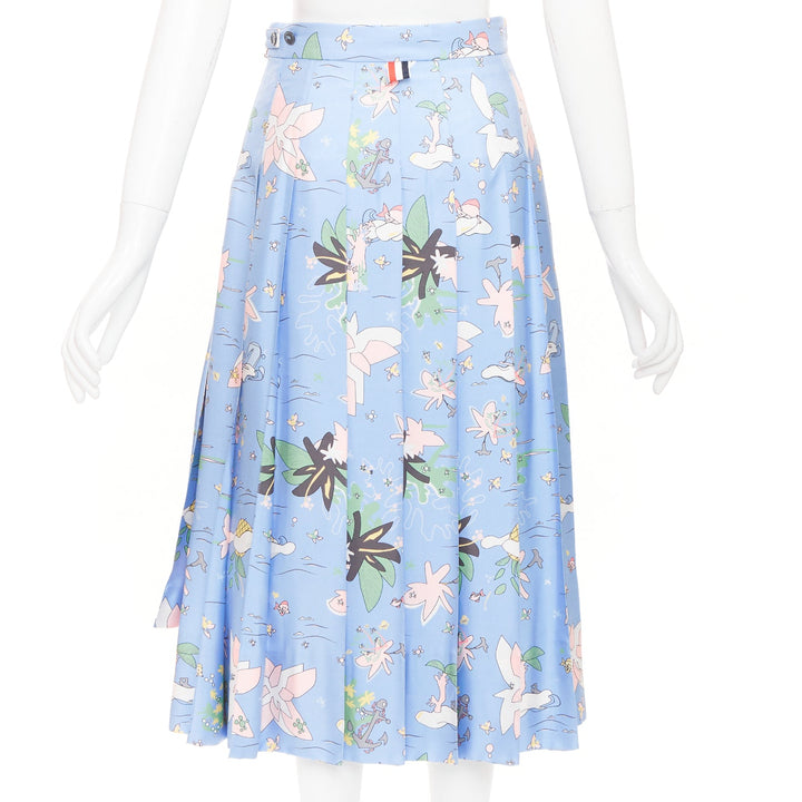 THOM BROWNE blue cartoon beach island pleated side slit raw silk skirt IT38 XS