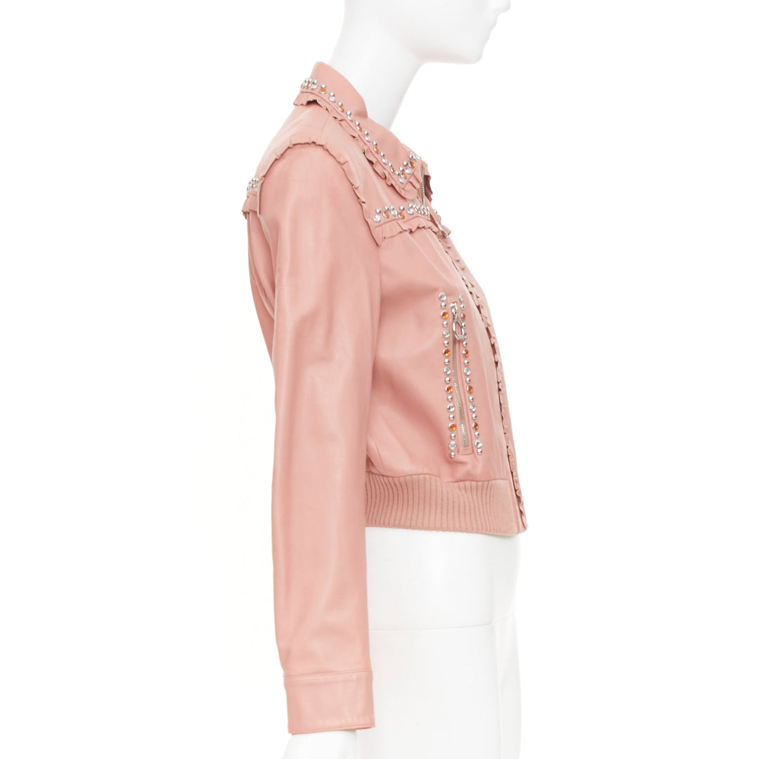 MIU MIU 2016 Runway ruffle studded crystal trim lambskin leather jacket IT42 M