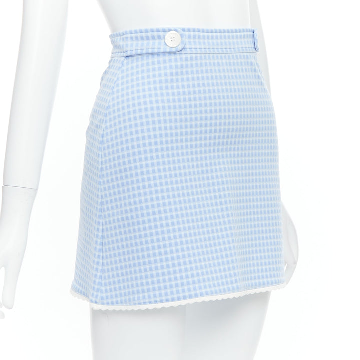 MIU MIU 2019 blue white gingham seersucker scallop trim buttons mini skirt XS