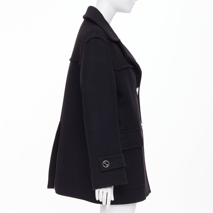 GUCCI 2024 Runway G gold button black batavia wool double breasted coat IT40 S