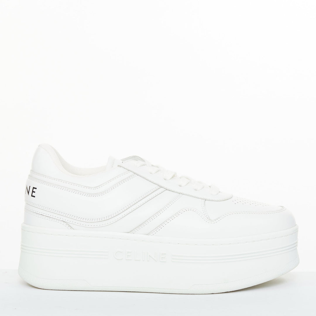 CELINE 2021 Block optic white calfskin leather wedge platform low sneakers EU38