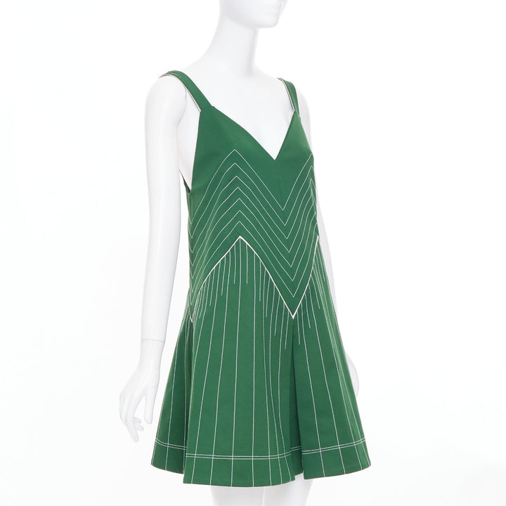 VALENTINO green contrast topstitch V neck silk lining sleeveless dress IT40 S
