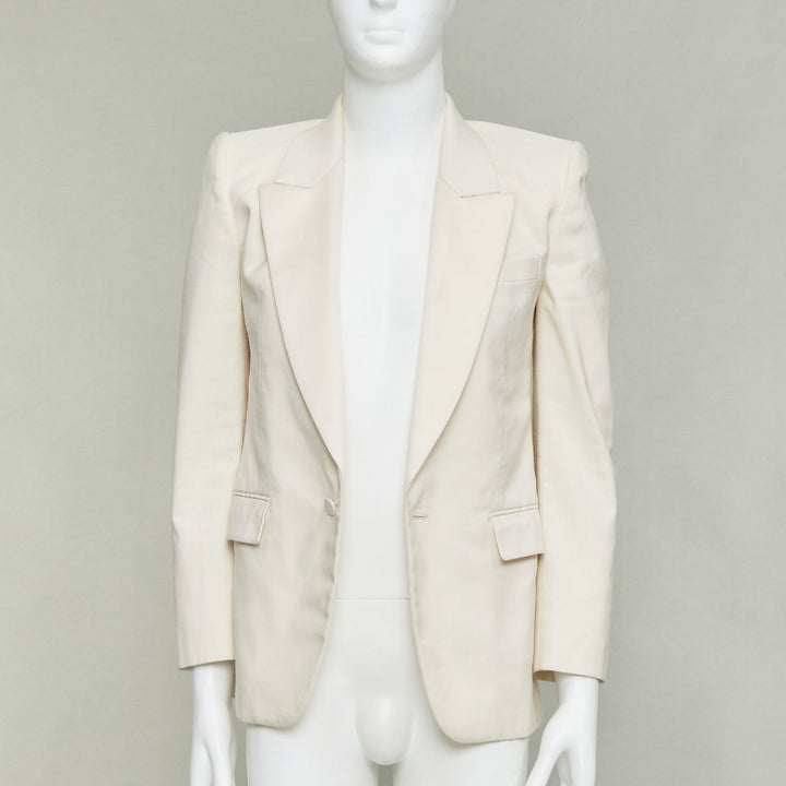 SAINT LAURENT 2023 cream multi silk blend satin lapel tuxedo blazer IT44 XS