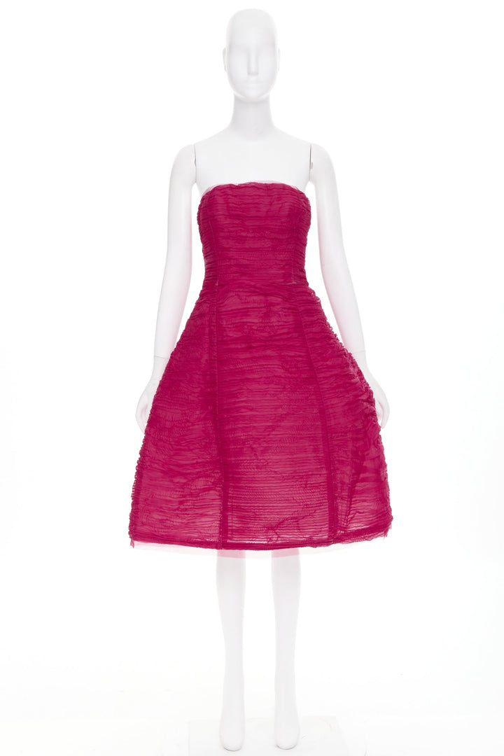 OSCAR DE LA RENTA R17 raspberry pleated silk strapless midi dress US6 M