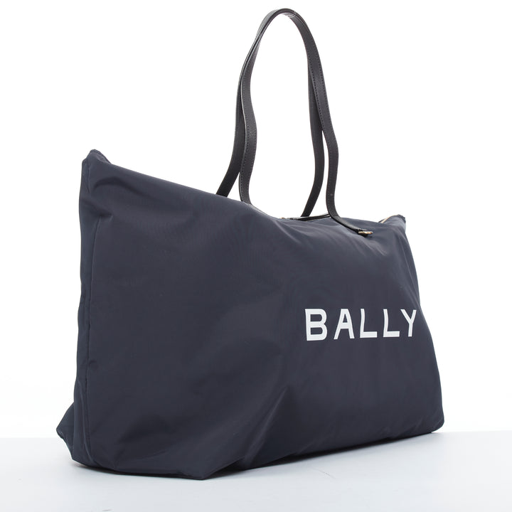 BALLY navy nylon white logo travel luggage foldable shoulder tote bag