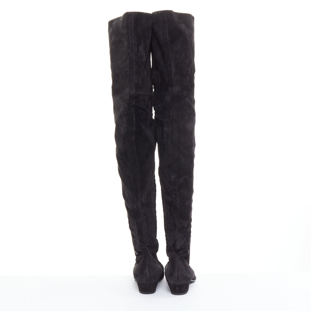 CHANEL 2018 Runway Forest Fairies black suede pointed square toe knee boots EU38
