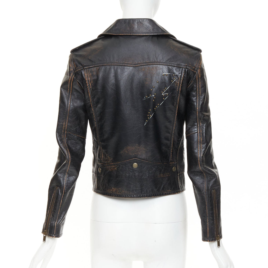 SAINT LAURENT 2017 Thunder Studded brown distressed calfskin moto jacket FR38 M