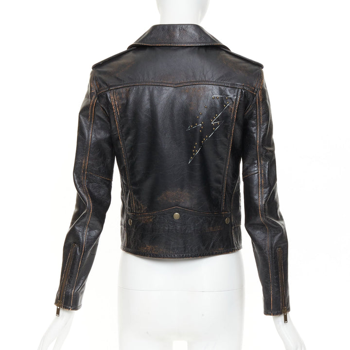 SAINT LAURENT 2017 Thunder Studded brown distressed calfskin moto jacket FR38 M