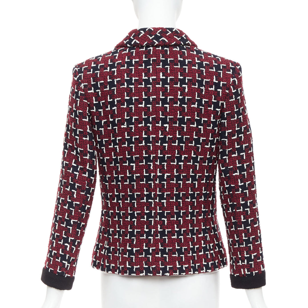 CHANEL 15A Runway Brassiere burgundy black geometric CC tweed jacket FR36 S