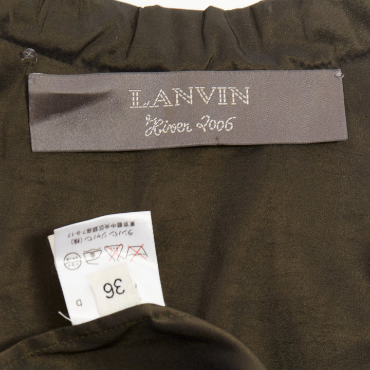 LANVIN 2006 olive green silk blend ruched rib contrast blouse overshirt FR36 S