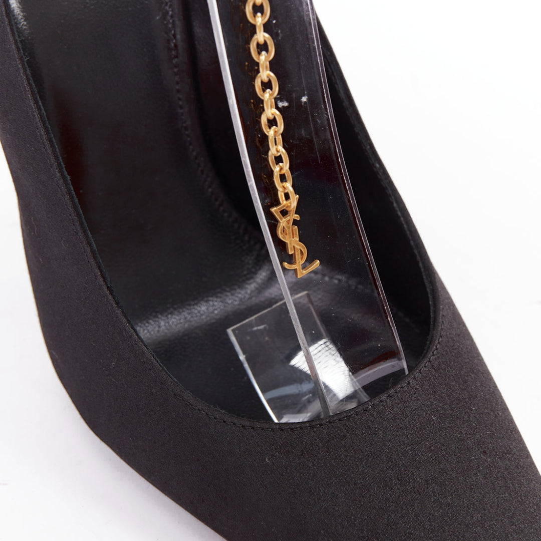 SAINT LAURENT black satin gold-tone YSL chain anklet point toe stiletto EU38