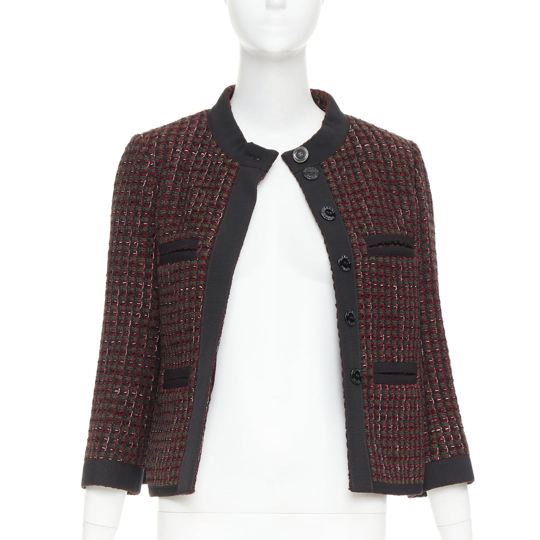 CHANEL 15A Runway burgundy green wool tweed 4 pocket jacket FR36 S