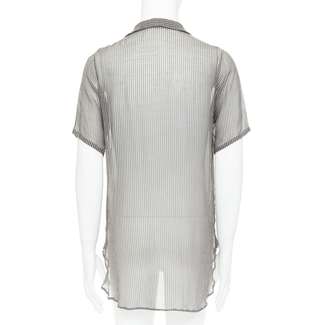 DRIES VAN NOTEN grey off white sheer striped buttoned polo shirt IT48 M