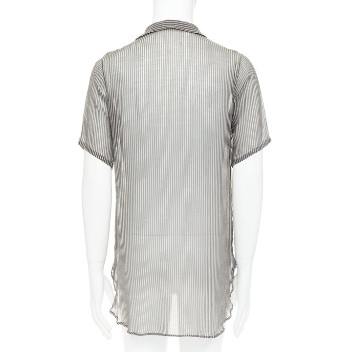 DRIES VAN NOTEN grey off white sheer striped buttoned polo shirt IT48 M