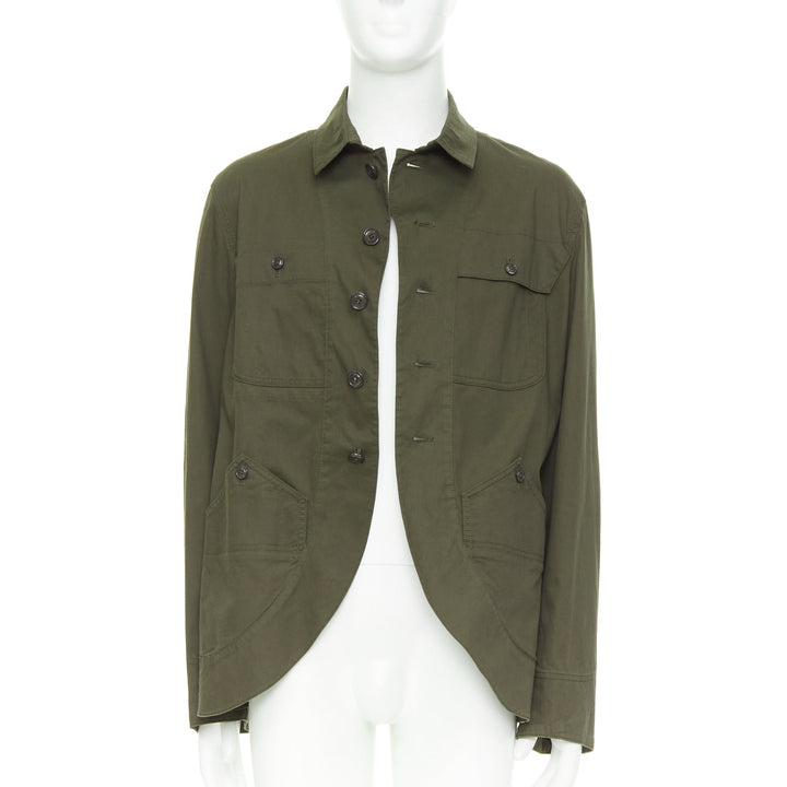 Y3 YOHJI YAMAMOTO khaki green cotton curved hem military overshirt jacket JP3 L