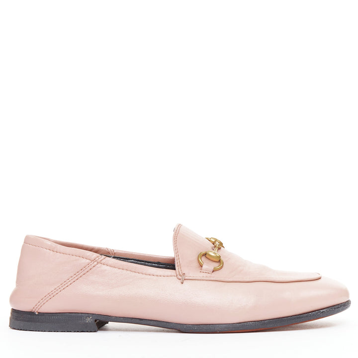GUCCI Briton pink leather gold horsebit flat classic loafers EU36.5