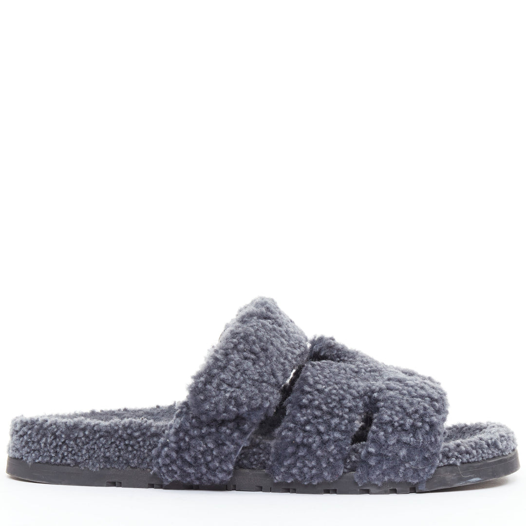 HERMES Chypre grey shearling H adjustable strap techno sandal EU41