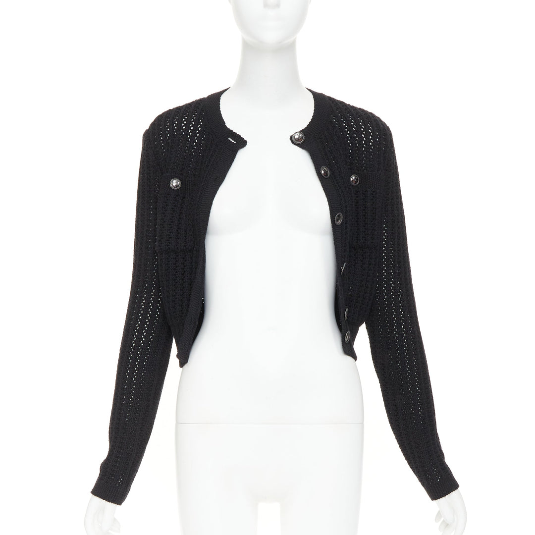 CHANEL 2019 La Pausa cotton linen CC buttons open knit cropped cardigan FR36 S